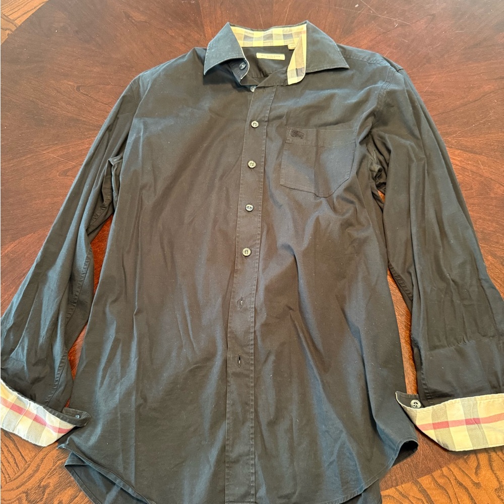 Burberry Black Casual Button-Down Shirt with Plaid Cuffs